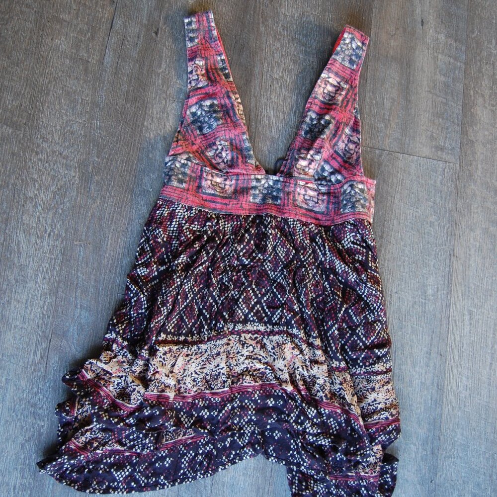Free People Boho Printed Mini Dress with Lace-Up Back – Size XS